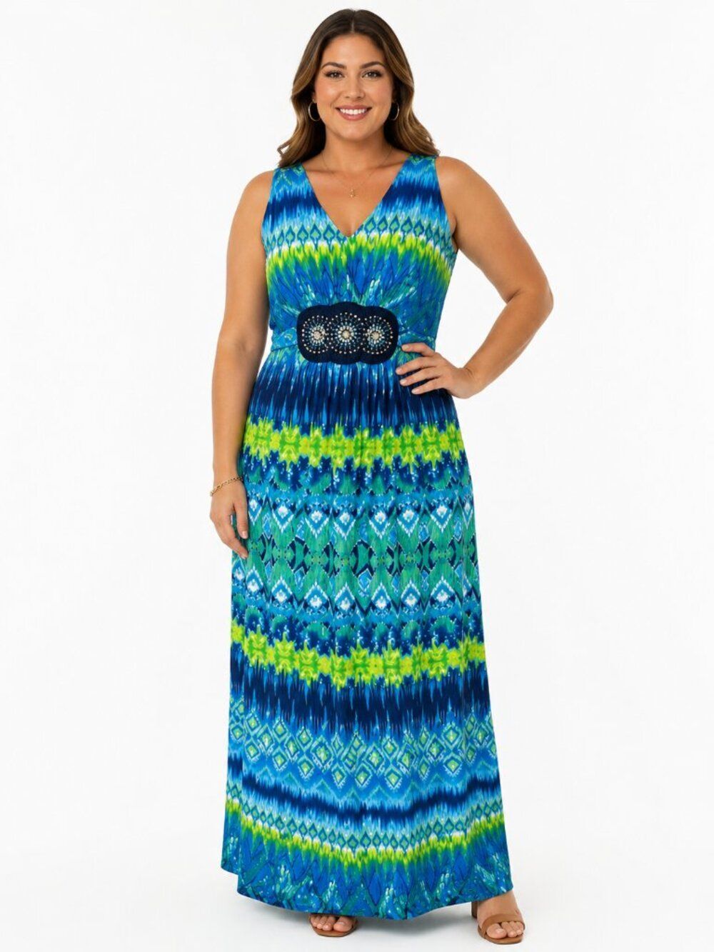 Nina Leonard Empire Waist Maxi Dress Size Large Embellishments